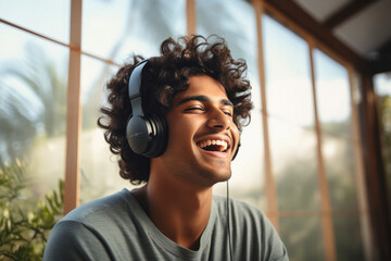 Young man using headphone and listening music