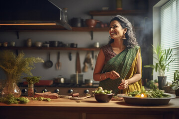 Indian woman or housewife cooking at kitchen. - obrazy, fototapety, plakaty
