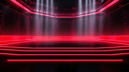 Empty night show stage, spotlight beams and diodes, red neon light, reflections. AI generation