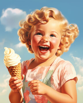 Minimalistic retro postcard of happy smiling child with ice cream and curved hair, blue sky and clouds at the background