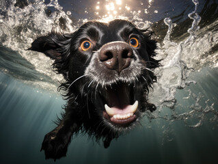 a Labrador retriever can be seen in the sunlight underwater, ai generated.