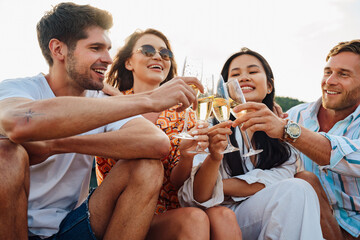 Group of friends drinking champagne while spending time together in nature