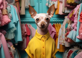 A small dog in a bright modern outfit. Fashionable pet.