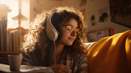 Teenage girl with headphones, lost in a book. Curly hair, ai generated.