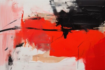 An abstract painting with bold red, black, and white colors