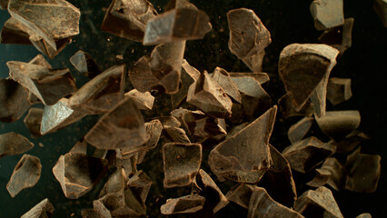 Freeze Motion Shot of Exploding Chocolate Chunks, Macro Shot