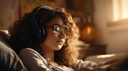 Teenage girl with headphones, lost in a book. Curly hair, ai generated.