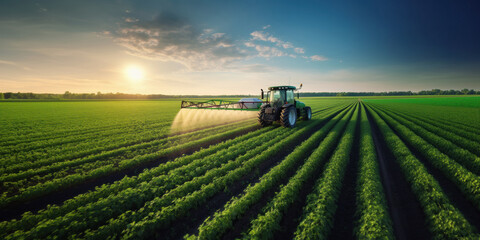 Spraying pesticide with tractor ar agriculture field. - obrazy, fototapety, plakaty