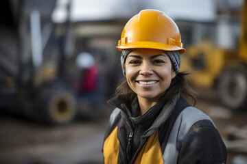portrait of smiling poc female engineer on site wearing hard hat, high vis, and ppe