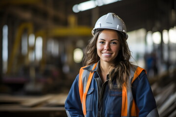 portrait of happy young female engineer on site wearing hard hat, high vis, and ppe