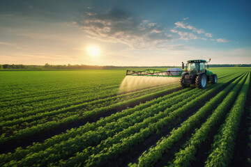 Spraying pesticide with tractor ar agriculture field. - obrazy, fototapety, plakaty