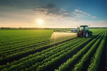 Schilderijen op glas Spraying pesticide with tractor ar agriculture field. © Niks Ads