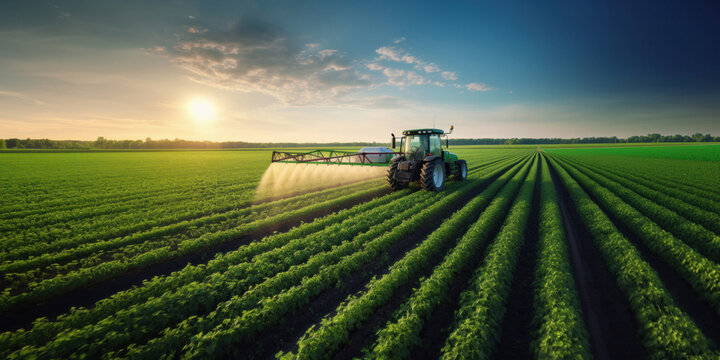 Fototapeta Spraying pesticide with tractor ar agriculture field.