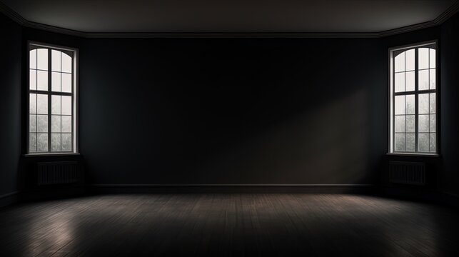 Empty dark room with a window, moonlight through the window, shadows, rays of light. AI generation