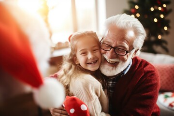 Grateful little girl embracing her grandfather, Christmas - obrazy, fototapety, plakaty