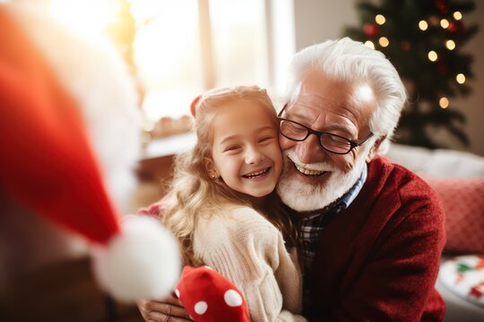 Grateful little girl embracing her grandfather, Christmas