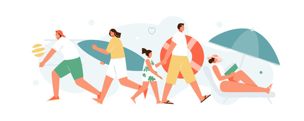 People spending time and relaxing on the beach. Summer activity and leisure. Vector characters