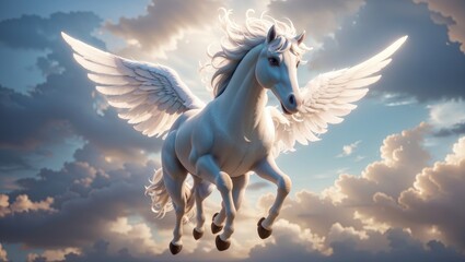 "Flight of Enchantment: A Majestic Pegasus Soaring Above Clouds"