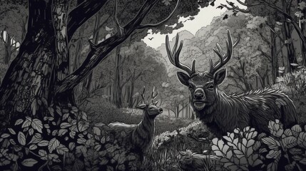 A couple of deer in the forest . Fantasy concept , Illustration painting.