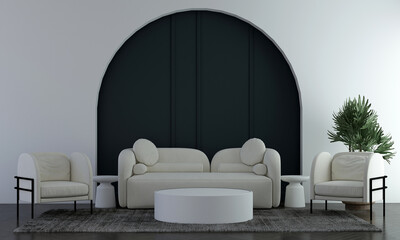 Living room and blue arch pattern wall texture background interior design, mock up room, furniture decor, 3d rendering.