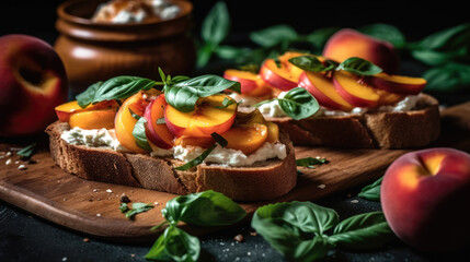 Open sandwiches with cream cheese, peaches, tomatoes and green basil leaves on a light background,...