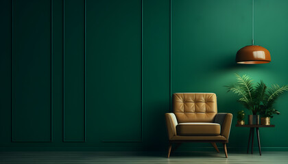 interior has a armchair on empty dark green wall - obrazy, fototapety, plakaty