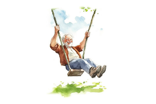 Watercolor drawing of a grandfather swinging cheerfully on a swing, isolated on a white background