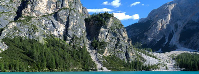 Lake Braies (or Lago di Braies) famous lake in Dolomites Alps Italy Europe extra wide panorama