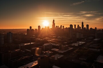 A vibrant city skyline at sunset