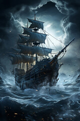 sailing ship in a storm - obrazy, fototapety, plakaty