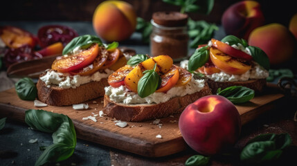 Obraz na płótnie Canvas Open sandwiches with cream cheese, peaches, tomatoes and green basil leaves on a light background, Long banner format.