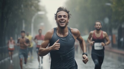 Male athlete runners running marathon on the road in the urban during rain fall and sunset.