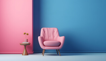 interior has a pink armchair on empty blue wall background