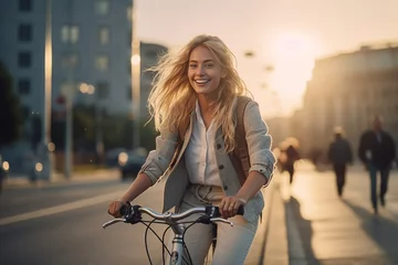 Deurstickers a girl on a bicycle in the city at sunset © Anastasiia Trembach