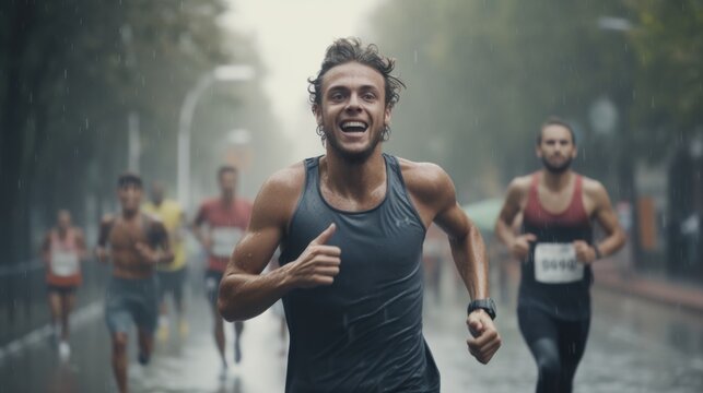 Male athlete runners running marathon on the road in the urban during rain fall and sunset.