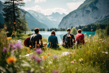 Fototapeta na wymiar Group of backpackers sitting and resting while climbing to the Julian Alps, surrounded by beautiful nature. Travel, backpacking and active lifestyle concept. 
