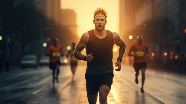 Male athlete runners running marathon on the road in the urban during rain fall and sunset.
