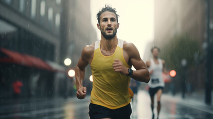 Male athlete runners running marathon on the road in the urban during rain fall and sunset.