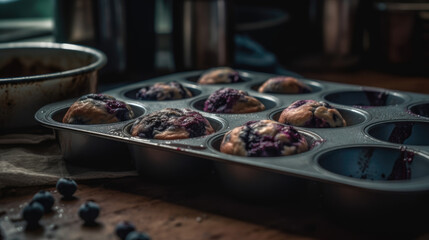 muffin tin filled with blueberry batter.