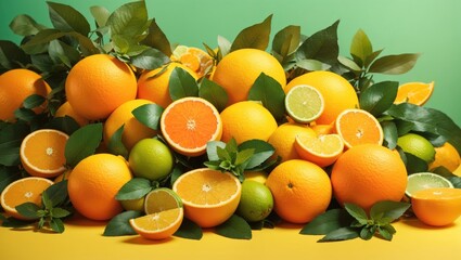 "Tropical Citrus Delight: Create a Refreshing Summer Background with Fruits and Leaves"
