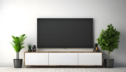 TV on cabinet in modern living room with plants