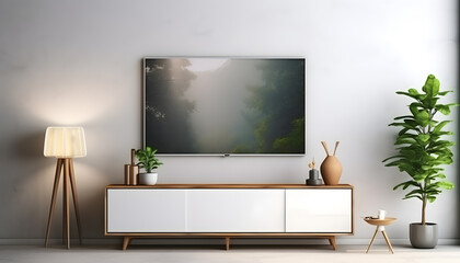 TV on cabinet in modern living room with plants