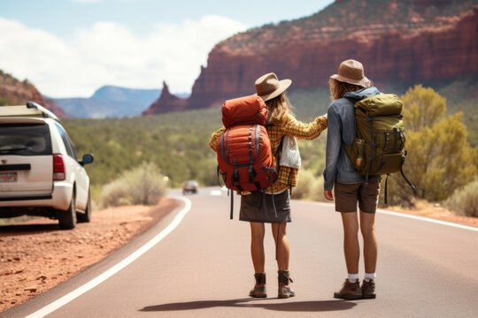 Two young backpackers hitchhiking road in Sedona canyon on a sunny day. Auto stop adventure, backpack concept.