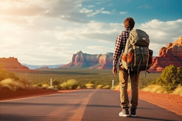 Young backpacker hitchhiking road in Sedona canyon on a sunny day. Auto stop adventure, backpack...