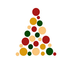 Multicolored circles of different colors and sizes isolated on a white background. Christmas triangular element made of circles. Winter design element. Christmas tree made of  shapes.