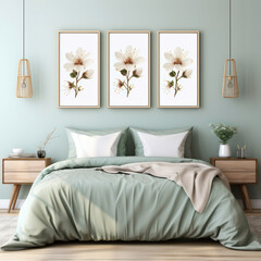 bedroom with pale greens and flower paintings 