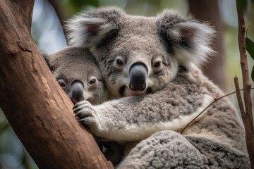 Two adorable koalas cuddling in a tree