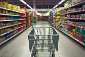 Empty green shopping cart with abstract supermarket. generative ai