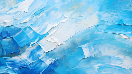 Close up of oil painting texture with brush strokes and palette knife strokes in white and blue