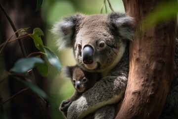 A mother koala and her baby in a eucalyptus tree